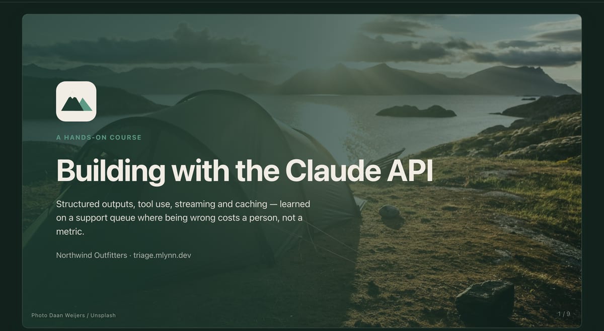 The opening slide of the course deck, titled Building with the Claude API, over a photograph of a tent at sunrise