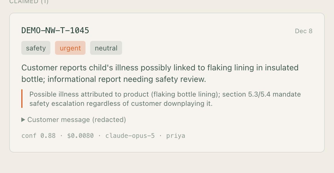An escalation queue card: a child's illness linked to a flaking bottle lining, tagged safety and urgent