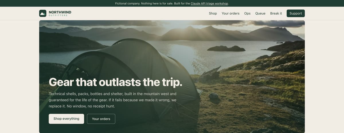 The Northwind Outfitters storefront: a tent pitched at sunrise under the headline Gear that outlasts the trip